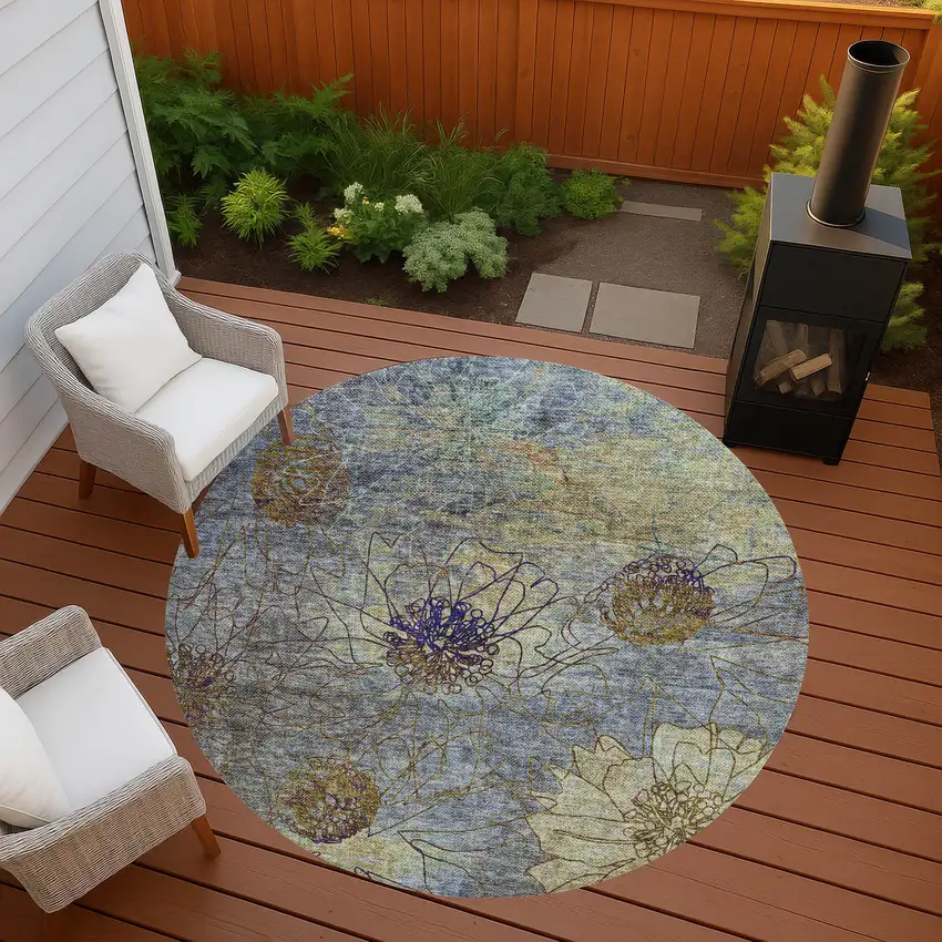 8' Denim Blue And Gold Round Floral Washable Indoor Outdoor Area Rug Photo 9