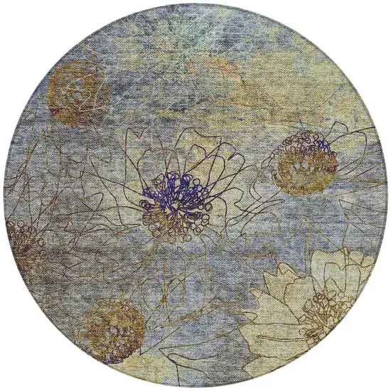 8' Denim Blue And Gold Round Floral Washable Indoor Outdoor Area Rug Photo 4