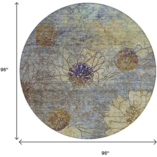 8' Denim Blue And Gold Round Floral Washable Indoor Outdoor Area Rug Photo 3