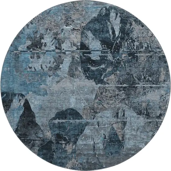 8' Denim Blue And Gray Abstract Washable Round Rug With UV Protection Photo 1