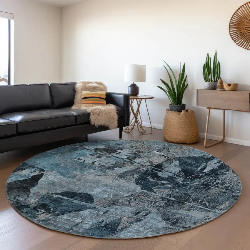8' Denim Blue And Gray Abstract Washable Round Rug With UV Protection Photo 5