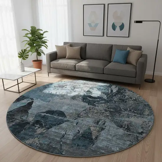 8' Denim Blue And Gray Abstract Washable Round Rug With UV Protection Photo 2