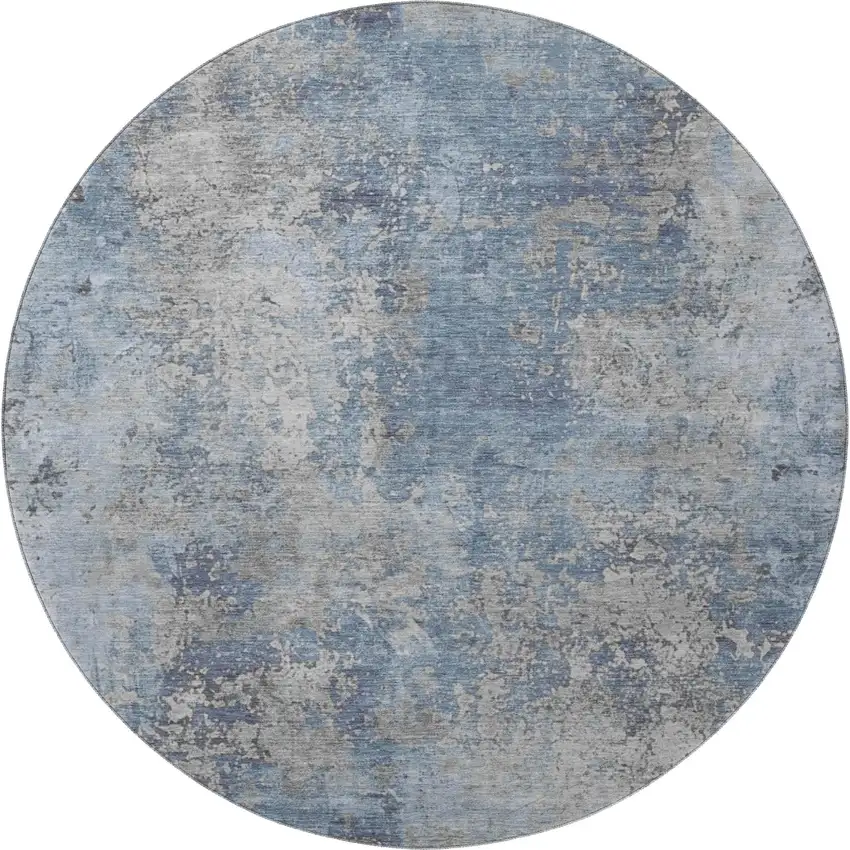 8' Denim Blue And Gray Abstract Washable Round Rug With UV Protection Photo 3