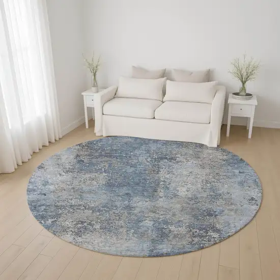 8' Denim Blue And Gray Abstract Washable Round Rug With UV Protection Photo 4