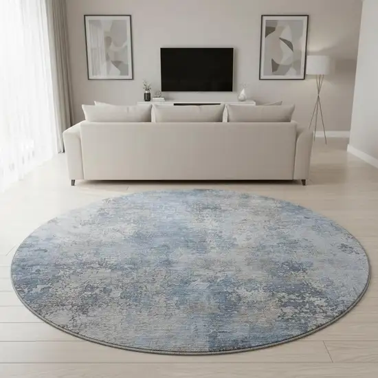 8' Denim Blue And Gray Abstract Washable Round Rug With UV Protection Photo 2