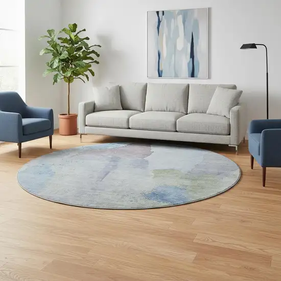 8' Denim Blue And Gray Abstract Washable Round Rug With UV Protection Photo 2