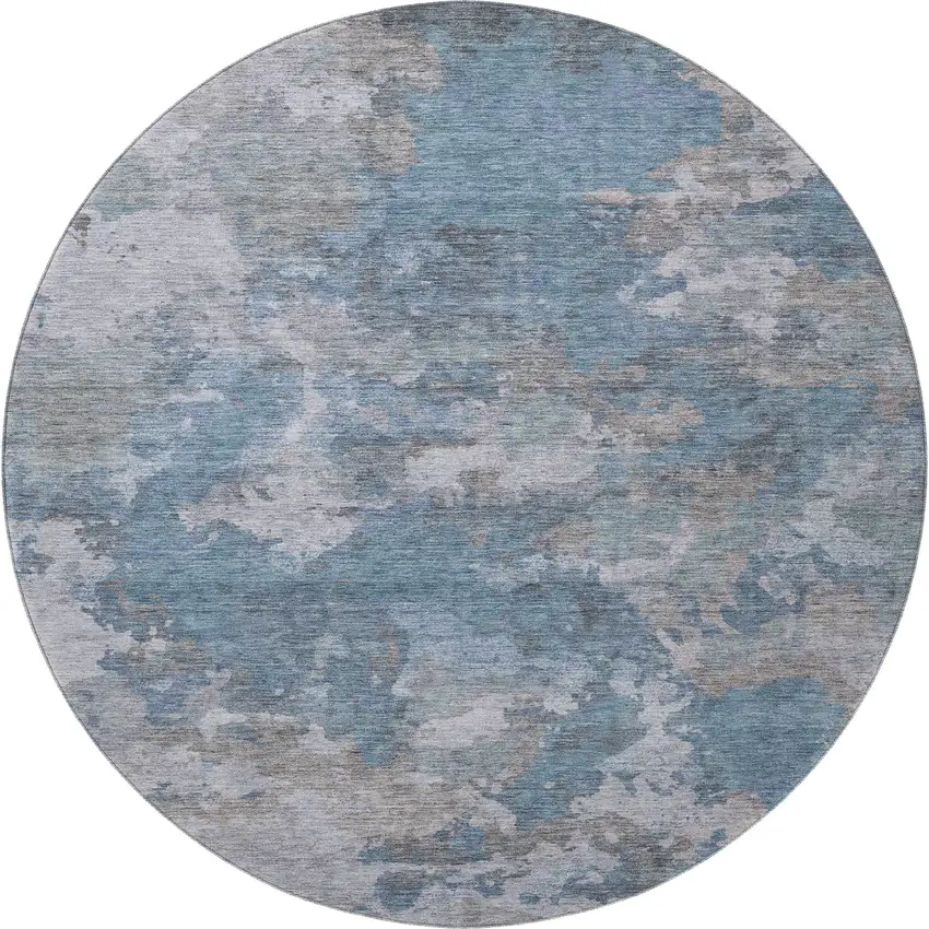8' Denim Blue And Gray Abstract Washable Round Rug With UV Protection Photo 4