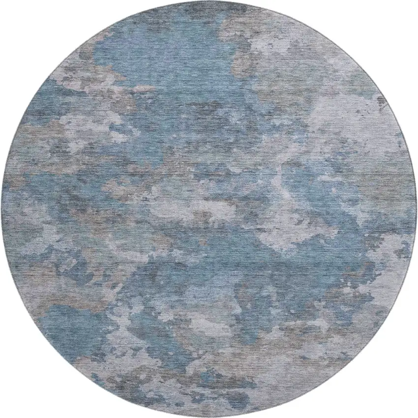8' Denim Blue And Gray Abstract Washable Round Rug With UV Protection Photo 1
