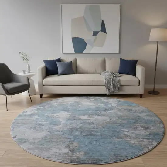 8' Denim Blue And Gray Abstract Washable Round Rug With UV Protection Photo 2