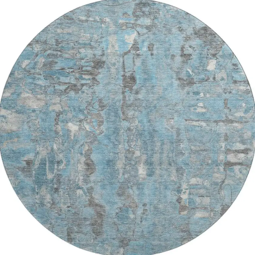 8' Denim Blue And Gray Abstract Washable Round Rug With UV Protection Photo 4