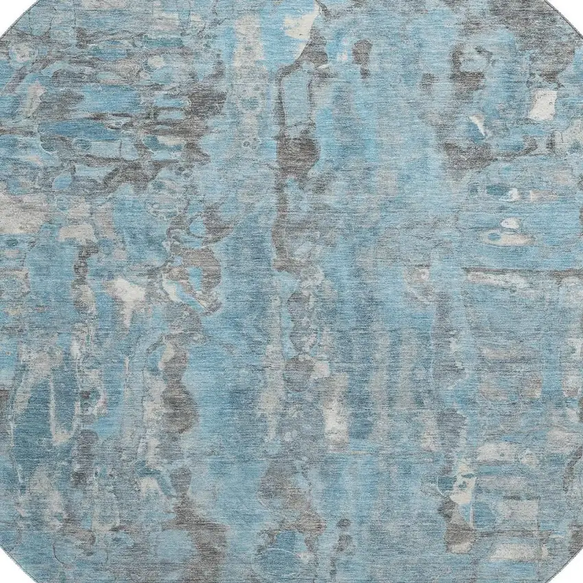 8' Denim Blue And Gray Abstract Washable Round Rug With UV Protection Photo 3