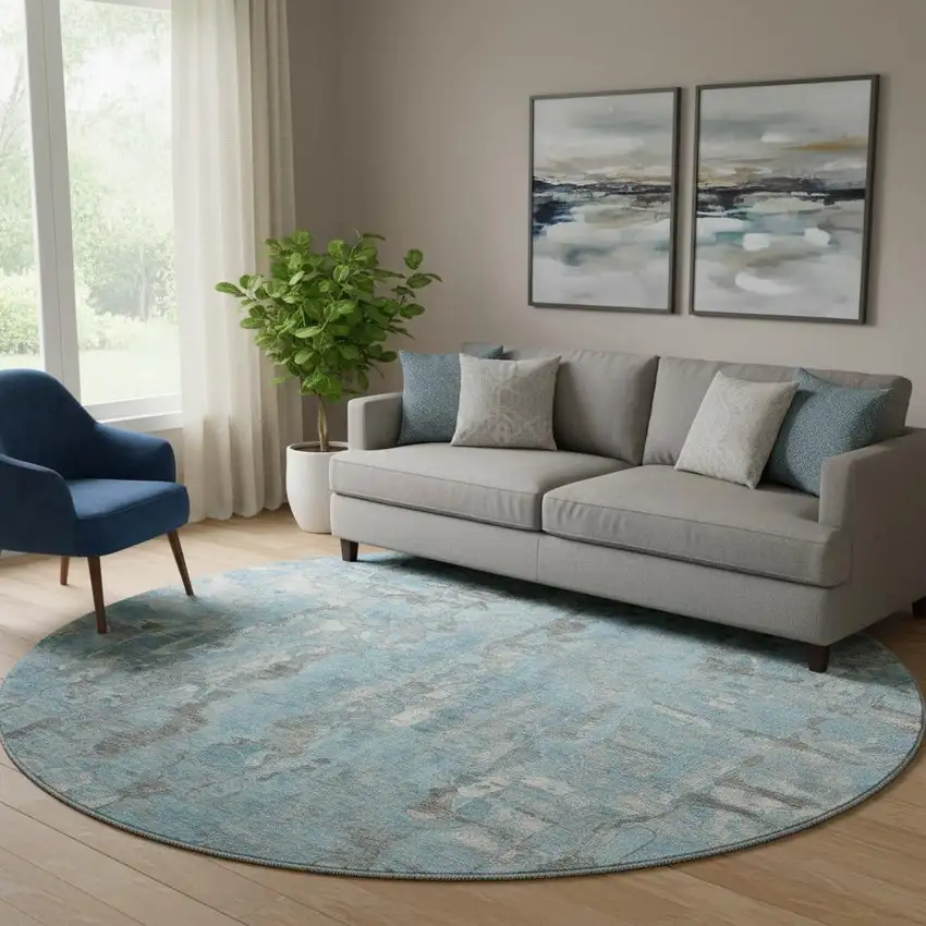 8' Denim Blue And Gray Abstract Washable Round Rug With UV Protection Photo 2