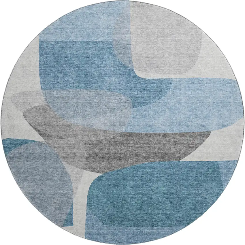 8' Denim Blue And Gray Abstract Washable Round Rug With UV Protection Photo 1