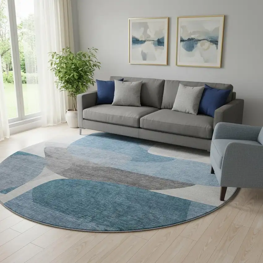 8' Denim Blue And Gray Abstract Washable Round Rug With UV Protection Photo 1