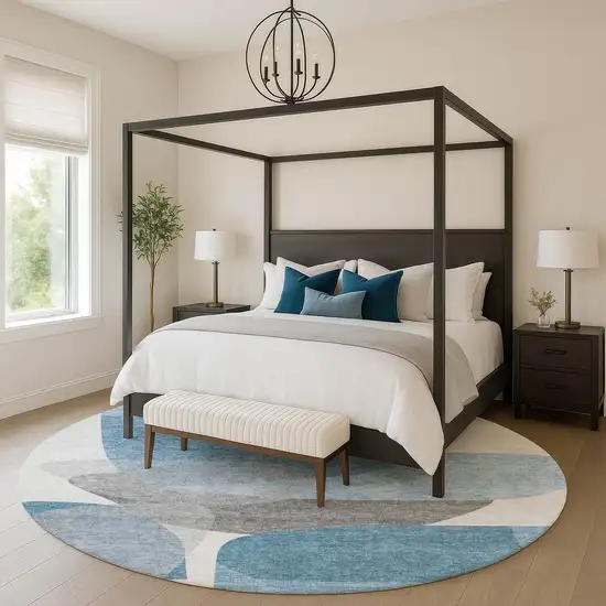 8' Denim Blue And Gray Abstract Washable Round Rug With UV Protection Photo 5