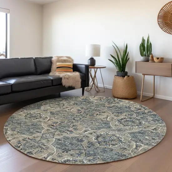 8' Denim Blue And Gray Floral Medallion Washable Round Rug With UV Protection Photo 5