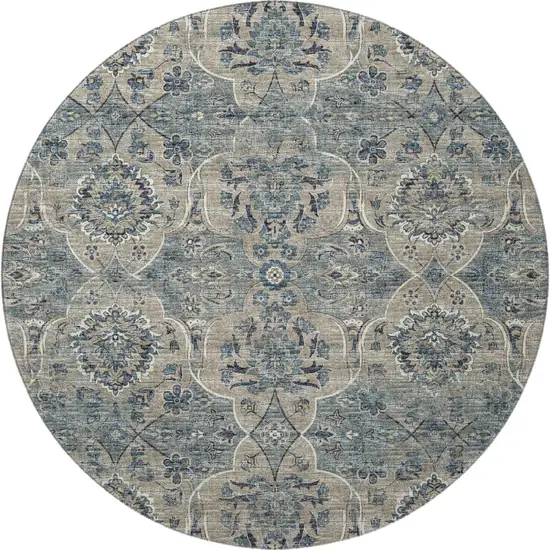8' Denim Blue And Gray Floral Medallion Washable Round Rug With UV Protection Photo 4