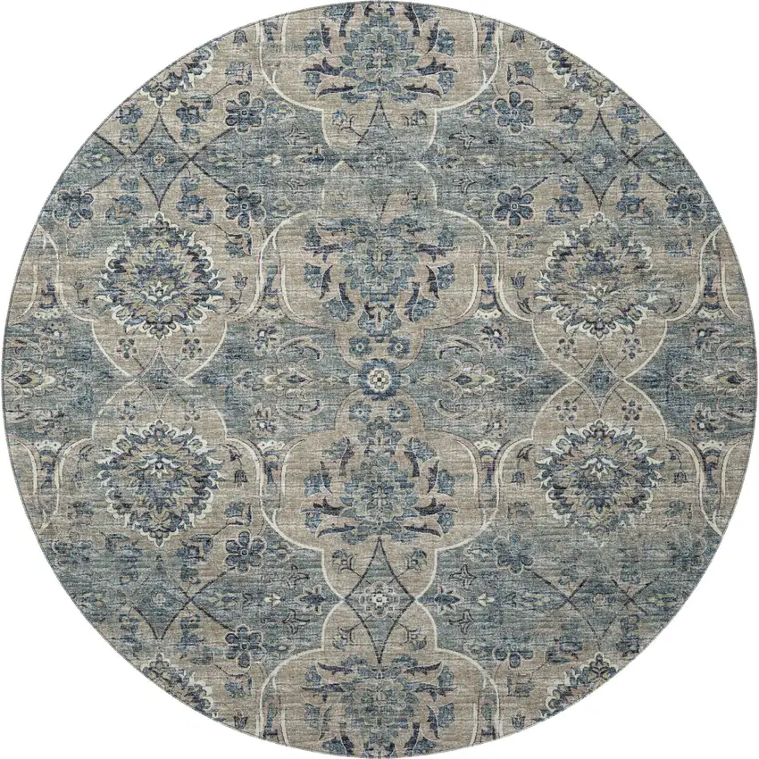 8' Denim Blue And Gray Floral Medallion Washable Round Rug With UV Protection Photo 4
