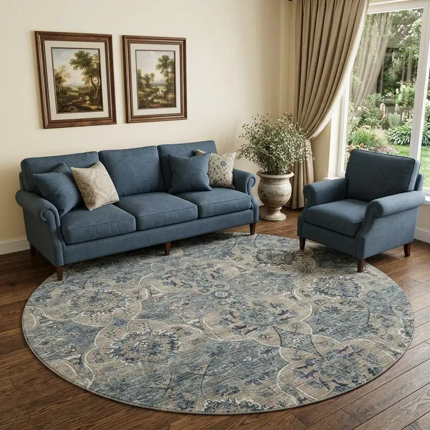 8' Denim Blue And Gray Floral Medallion Distressed Washable Round Rug With UV Protection Photo 1