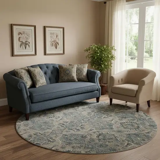 8' Denim Blue And Gray Floral Medallion Washable Round Rug With UV Protection Photo 1