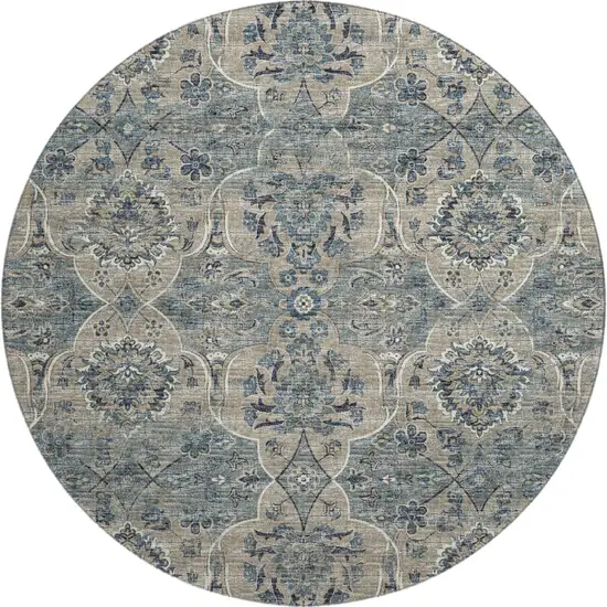 8' Denim Blue And Gray Floral Medallion Washable Round Rug With UV Protection Photo 2
