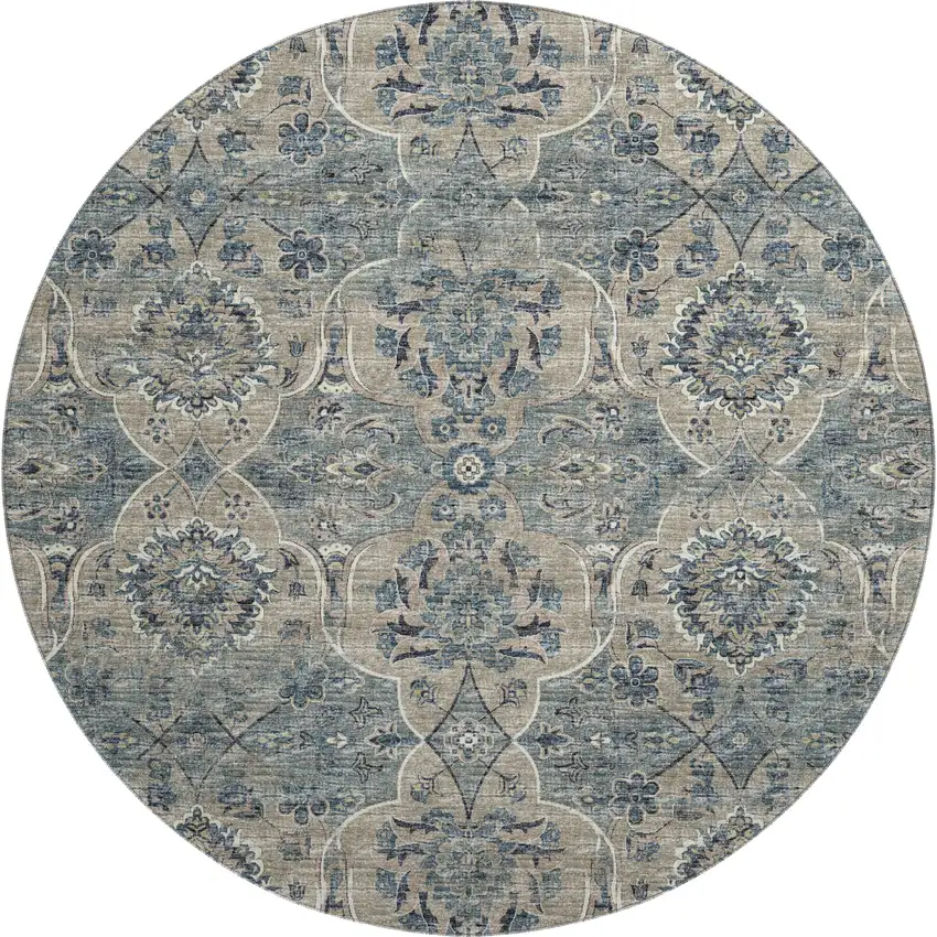 8' Denim Blue And Gray Floral Medallion Washable Round Rug With UV Protection Photo 2