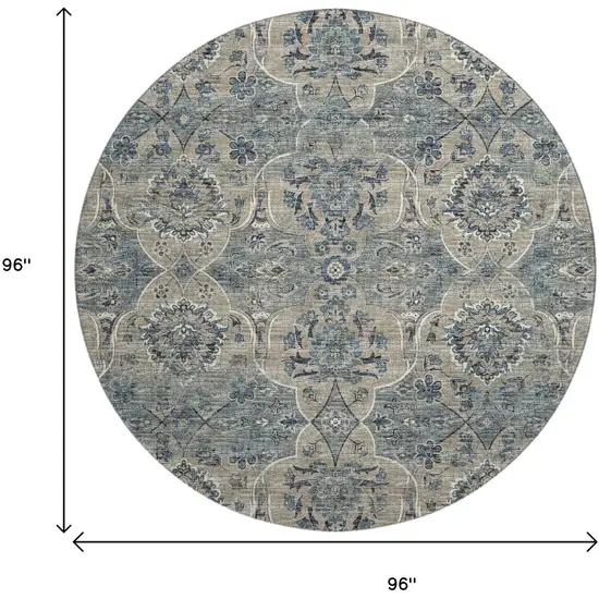 8' Denim Blue And Gray Floral Medallion Washable Round Rug With UV Protection Photo 3