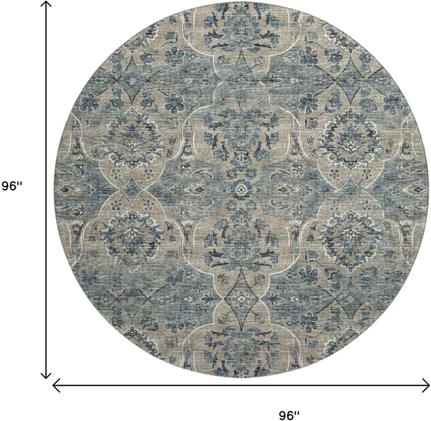 8' Denim Blue And Gray Floral Medallion Washable Round Rug With UV Protection Photo 3