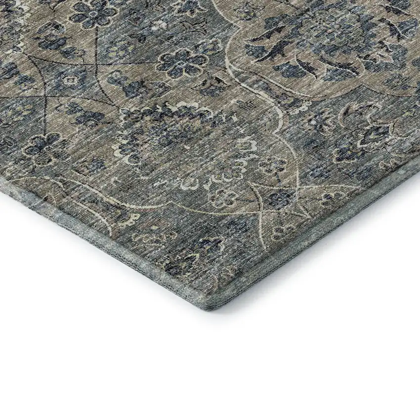 8' Denim Blue And Gray Floral Medallion Washable Round Rug With UV Protection Photo 7