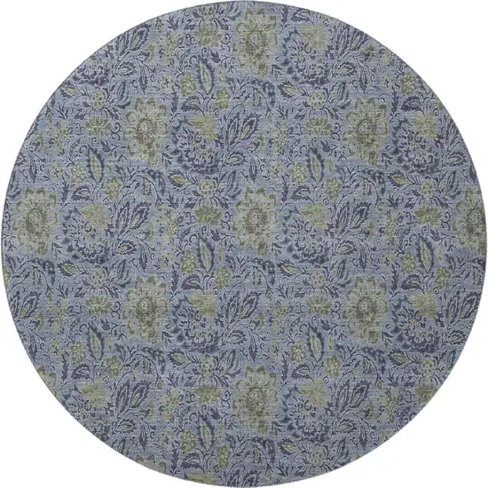 8' Denim Blue And Gray Floral Washable Round Rug With UV Protection Photo 3