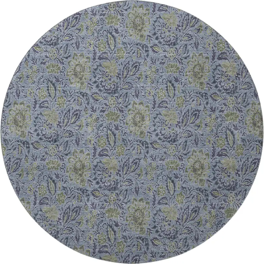8' Denim Blue And Gray Floral Washable Round Rug With UV Protection Photo 3