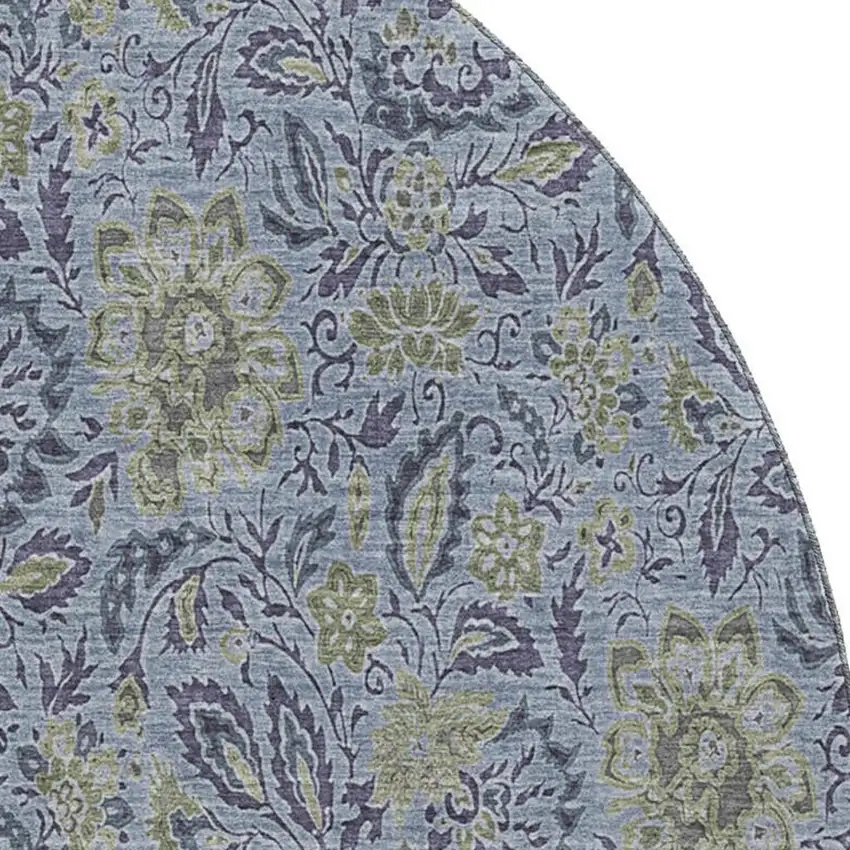 8' Denim Blue And Gray Floral Washable Round Rug With UV Protection Photo 2
