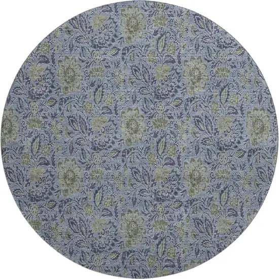 8' Denim Blue And Gray Floral Washable Round Rug With UV Protection Photo 1