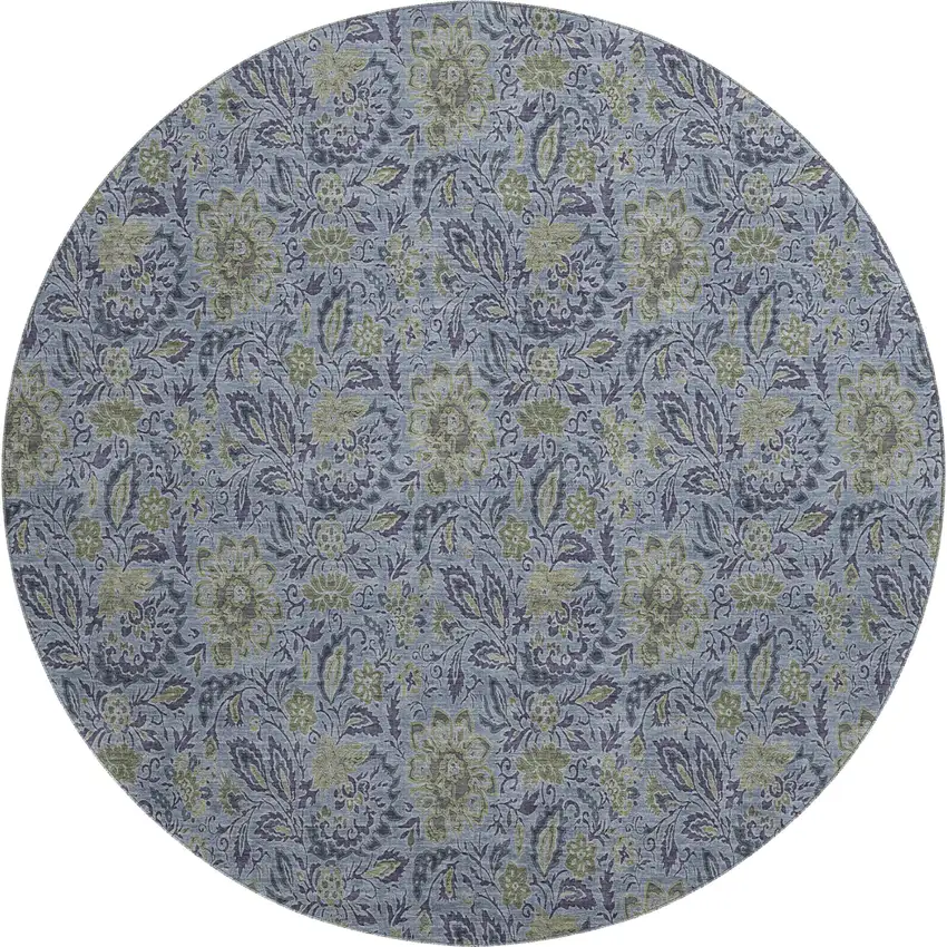 8' Denim Blue And Gray Floral Washable Round Rug With UV Protection Photo 1