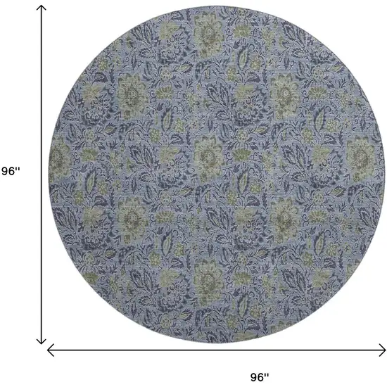 8' Denim Blue And Gray Floral Washable Round Rug With UV Protection Photo 9