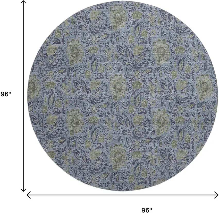 8' Denim Blue And Gray Floral Washable Round Rug With UV Protection Photo 9