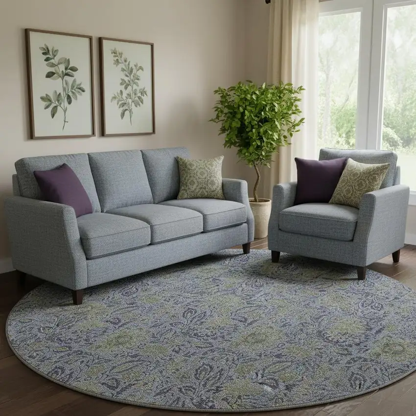 8' Denim Blue And Gray Floral Washable Round Rug With UV Protection Photo 1