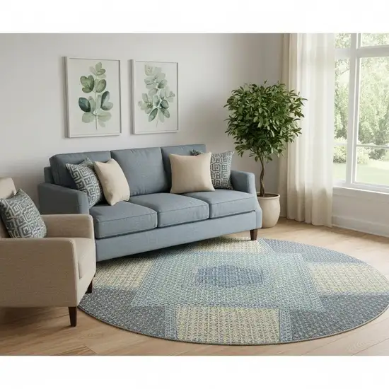8' Denim Blue And Gray Geometric Washable Round Rug With UV Protection Photo 1
