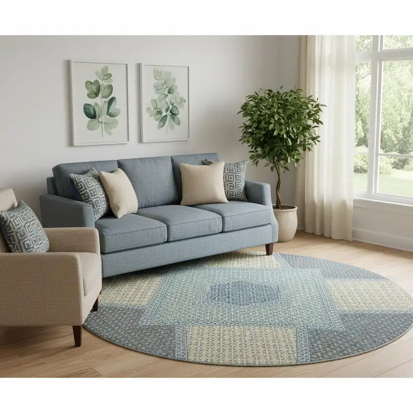 8' Denim Blue And Gray Geometric Washable Round Rug With UV Protection Photo 1