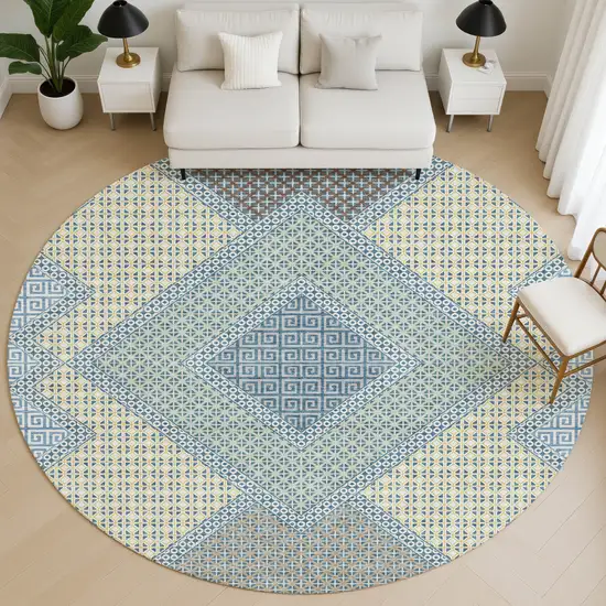 8' Denim Blue And Gray Geometric Washable Round Rug With UV Protection Photo 5