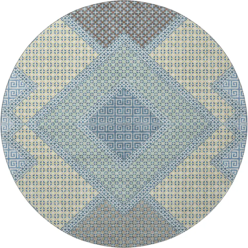 8' Denim Blue And Gray Geometric Washable Round Rug With UV Protection Photo 4
