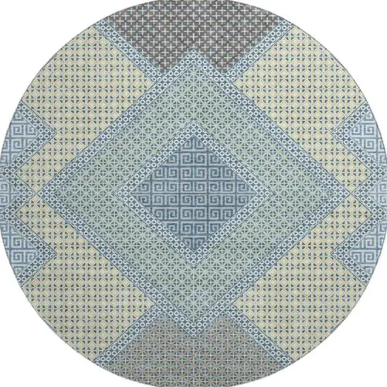 8' Denim Blue And Gray Geometric Washable Round Rug With UV Protection Photo 3