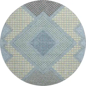 Photo of 8' Denim Blue And Gray Geometric Washable Round Rug With UV Protection