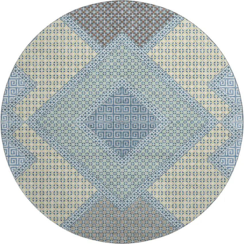 8' Denim Blue And Gray Geometric Washable Round Rug With UV Protection Photo 1
