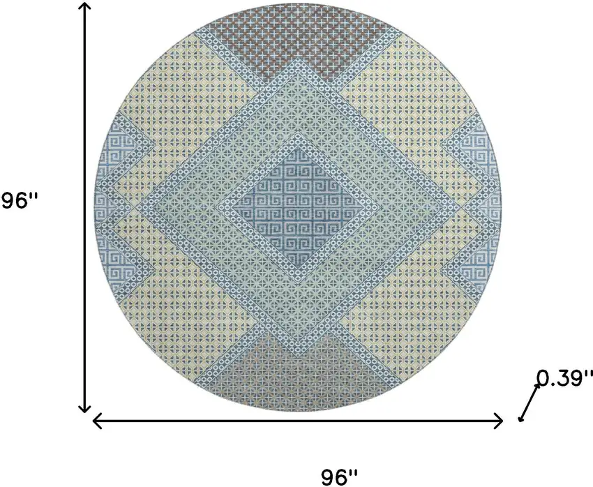 8' Denim Blue And Gray Geometric Washable Round Rug With UV Protection Photo 8