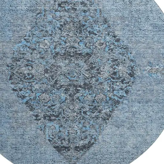 8' Denim Blue And Gray Medallion Washable Round Rug With UV Protection Photo 3