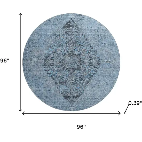 8' Denim Blue And Gray Medallion Washable Round Rug With UV Protection Photo 8