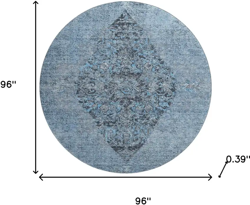 8' Denim Blue And Gray Medallion Washable Round Rug With UV Protection Photo 8