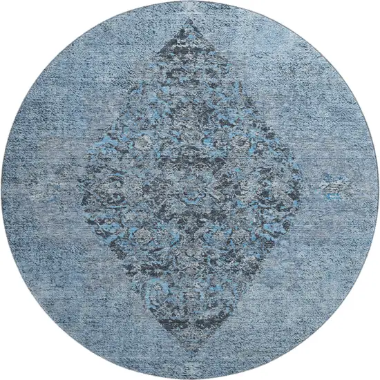 8' Denim Blue And Gray Medallion Washable Round Rug With UV Protection Photo 1