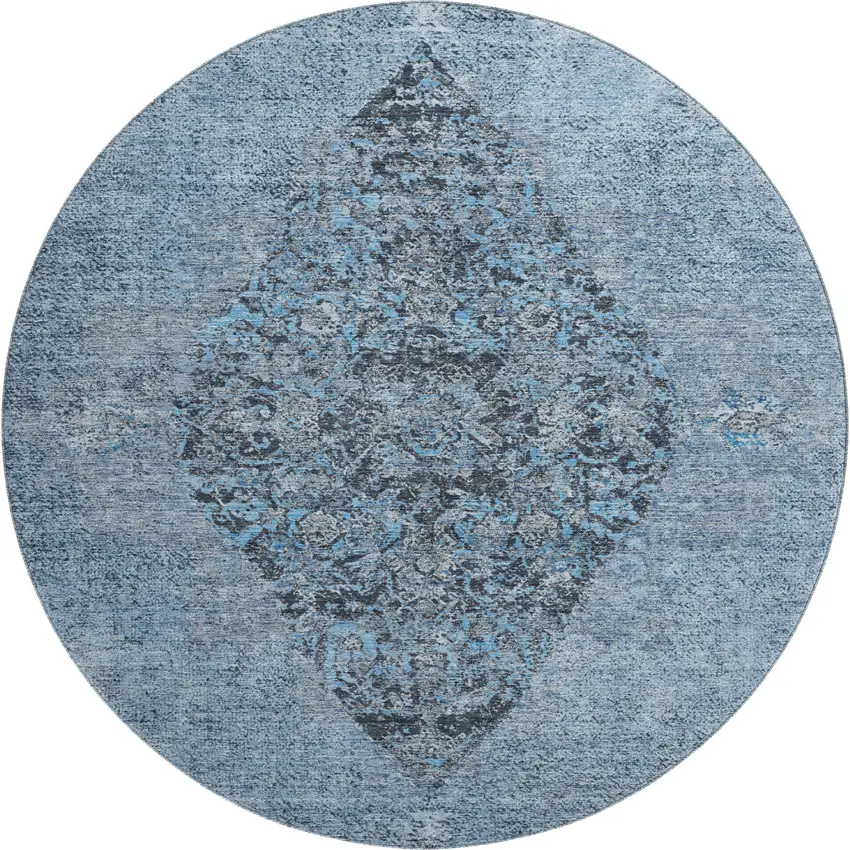 8' Denim Blue And Gray Medallion Washable Round Rug With UV Protection Photo 1
